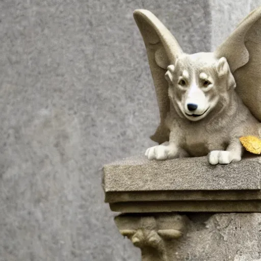 Prompt: corgi gargoyle with wings made of stone, uncropped, photography