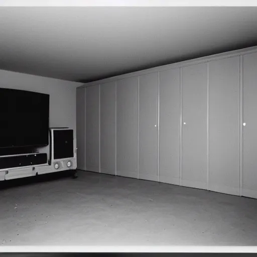 Prompt: Photograph of an empty room with a TV playing static at night, dusty, wood cabinets, taken using a film camera with 35mm expired film, bright camera flash enabled, slightly foggy, award winning photograph, creepy, liminal space