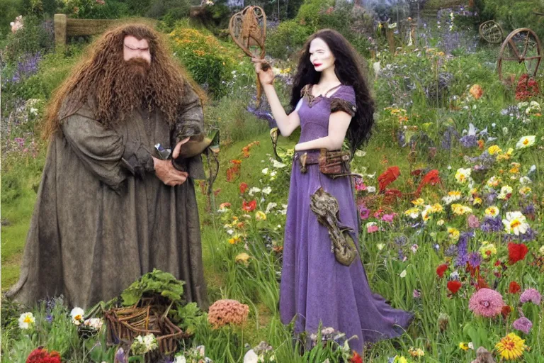 Image similar to hagrid the viking and morticia addams frolicking in a field of various flowers, fairy garden, masterpiece, highly detailed, oil on canvas, art by james gurney, graeme base, brian froud, alan lee