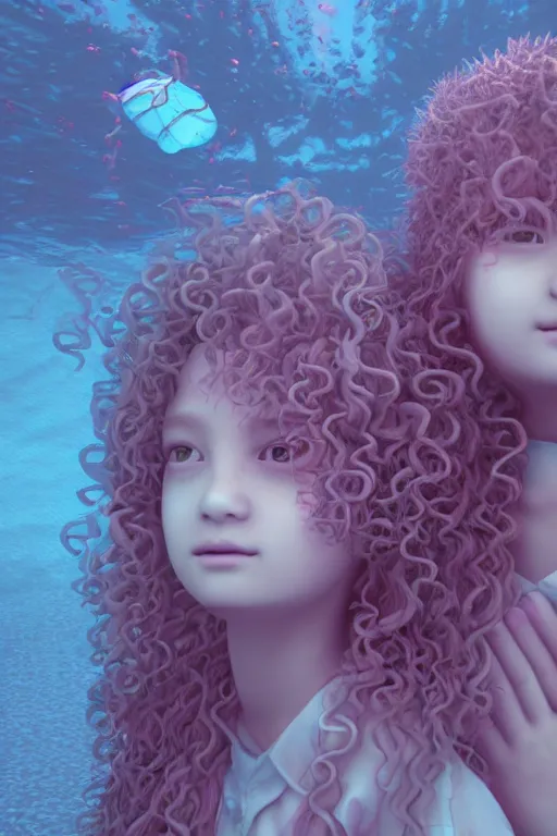 Prompt: 3d realistic dramatic infrared photo of two schoolgirls sisters with a realistic face and curly hair standing and hugging in a dark subway station under water in Japan. Close-up portrait. There are pink palm trees and translucent glow jellyfish flying around. Volumetric composition. Pastel colors in the style of Hiro Kiyohara, redshift, octane, trend artstation, cinematic, hyper realism, high detail, 8k