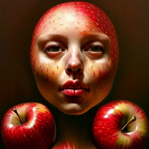 Prompt: apples arranged in the shape of a face, fantasy, intricate, elegant, highly detailed, lifelike, photorealistic, digital painting, artstation, illustration, smooth, sharp focus, art by artem demura, giuseppe arcimboldo