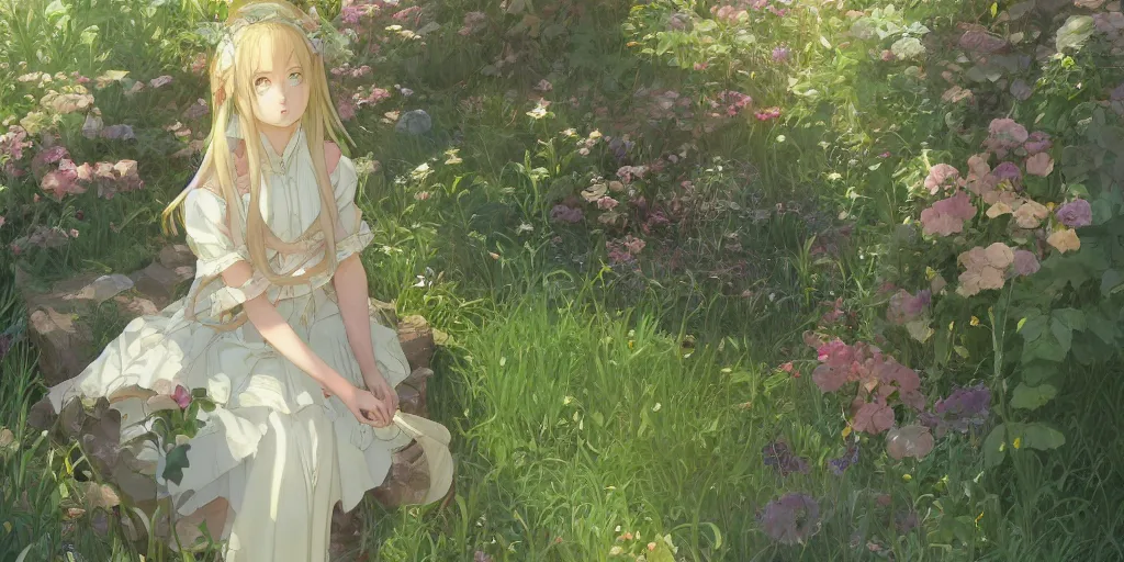 Image similar to a digital art of a loli with long hair in a dress in the privet garden at after noon, green and warm theme, by krenz cushart and mucha and akihito yoshida and greg rutkowski and makoto shinkai, long shot, back lighting, detailed eyes, 4 k resolution, trending on art station