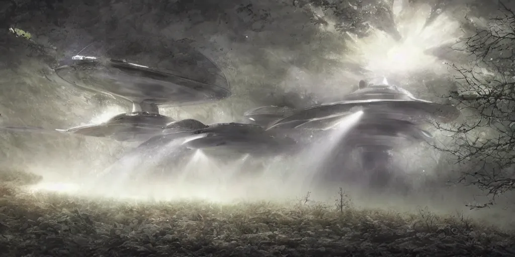 Prompt: future forest attacked by spaceship, star trek, concept art, ice mist, glory war,