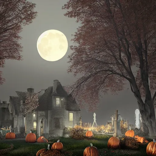 Prompt: a highly detailed old english tudor cottage in a scary pumpkin patch and graveyard at night with a large moon, volumetric haze, fall colors, night, dead tree forest, pumpkins, moon, photorealistic, insanely detailed and intricate, epic scene, volumetric haze, hyper realistic, elegant, ornate, elite, horror, creepy, ominous, haunting, cinematic lighting, unreal engine, symmetrical, cinematic centered camera, high detail