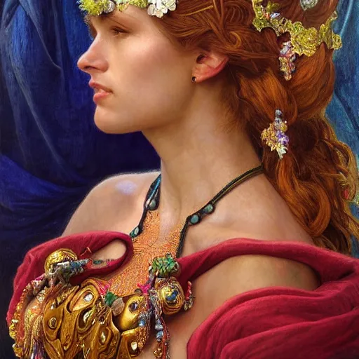 Image similar to an portrait of a beautiful alluring female goddess, detailed, centered, digital painting, artstation, concept art, donato giancola, Dante Gabriel Rossetti, alphonse mucha, Joseph Christian Leyendecker, WLOP, Boris Vallejo, Annie Leibovitz and Steve McCurry, David Lazar, Jimmy Nelsson, Breathtaking, 8k resolution, extremely detailed, beautiful, establishing shot, artistic, hyperrealistic, beautiful face, octane render