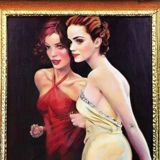 Image similar to frank frazetta painting of christina hendricks and emma watson