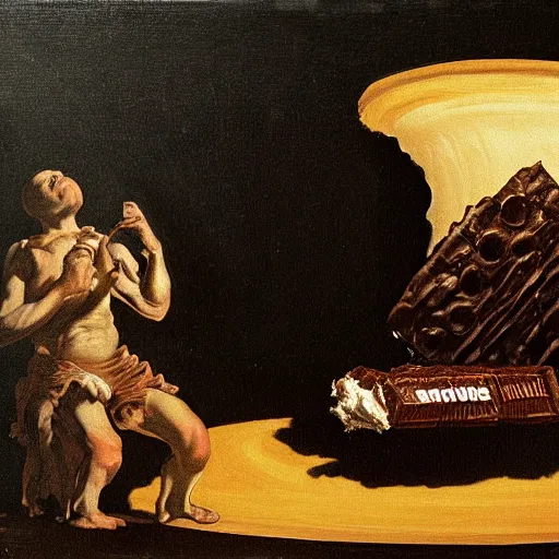 Image similar to saturn devouring a snickers chocolate bar, goya painting, in the style of goya and greg rutkowski, in the style of black paintings, 8 k, highly realistic