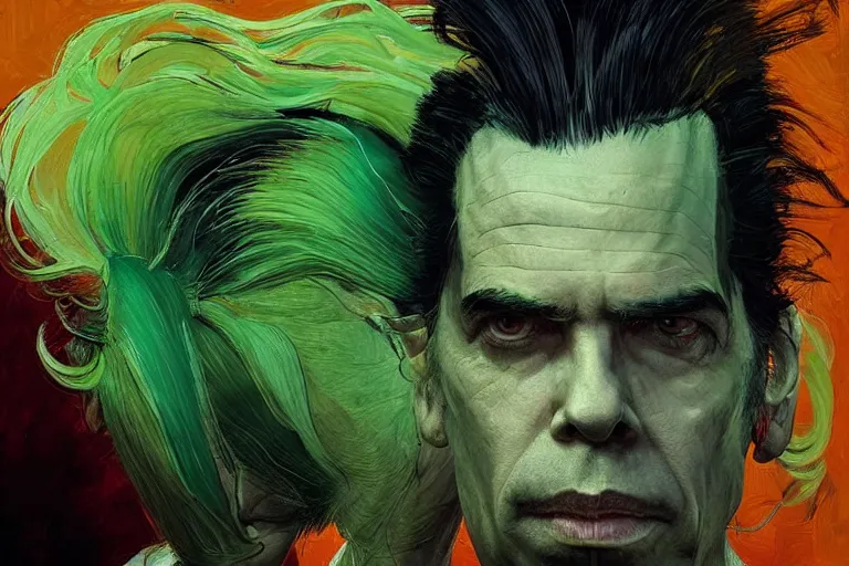 Prompt: a portrait of nick cave with green hair, masterpiece, dramatic lighting, stunning painting by jakub rebelka