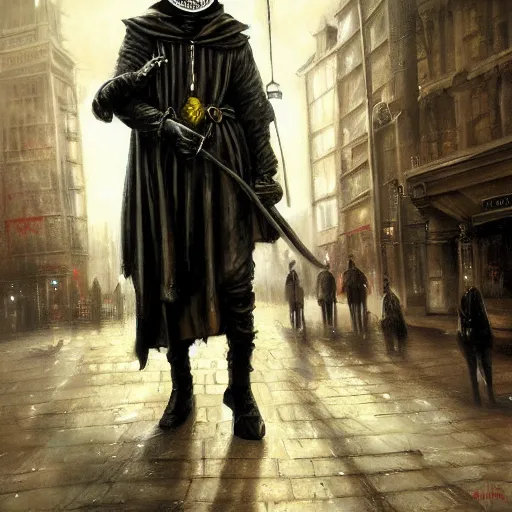 Image similar to plague doctor walking the streets of london by raymond swanland, highly detailed,