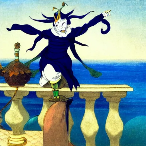 Image similar to A jester on the front of a Balustrade with a beach on the background, a colab between studio ghibli and paul delaroche