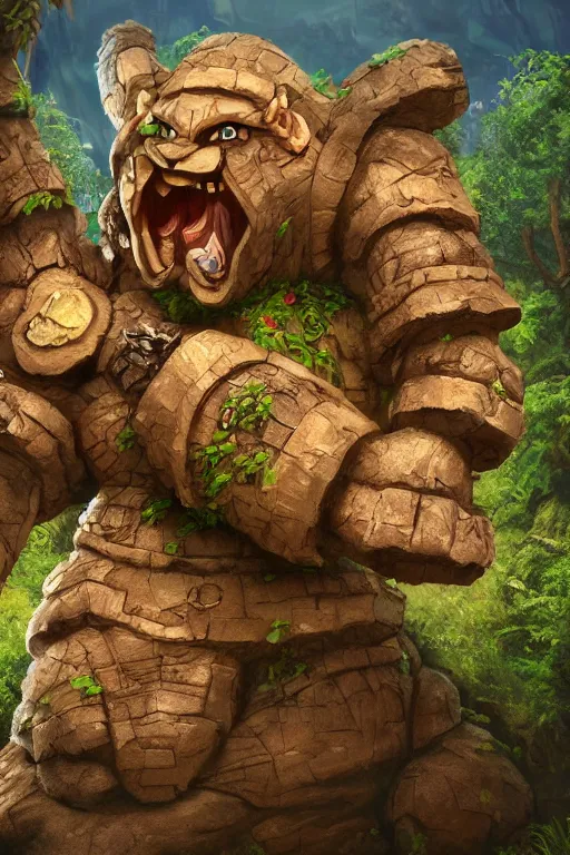 Image similar to zelda fantasy art giant golem troll wood rock greeble gemstone, global illumination ray tracing hdr fanart arstation by sung choi and eric pfeiffer and gabriel garza and casper konefal