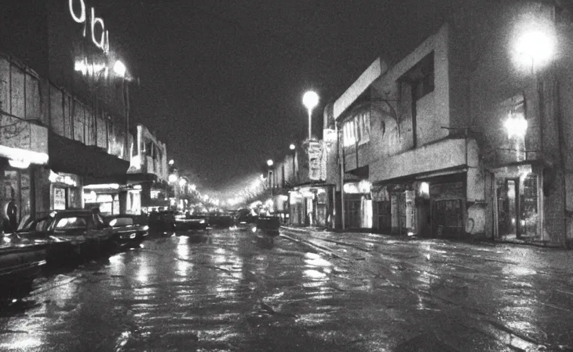 Image similar to 70s movie still of a soviet street from Sarajevo with cars and pedestrian , Cinestill 800t 18mm black and white, heavy grainy picture, very detailed, high quality, 4k panoramic, cinematic, neon billboards at night, rain, mud