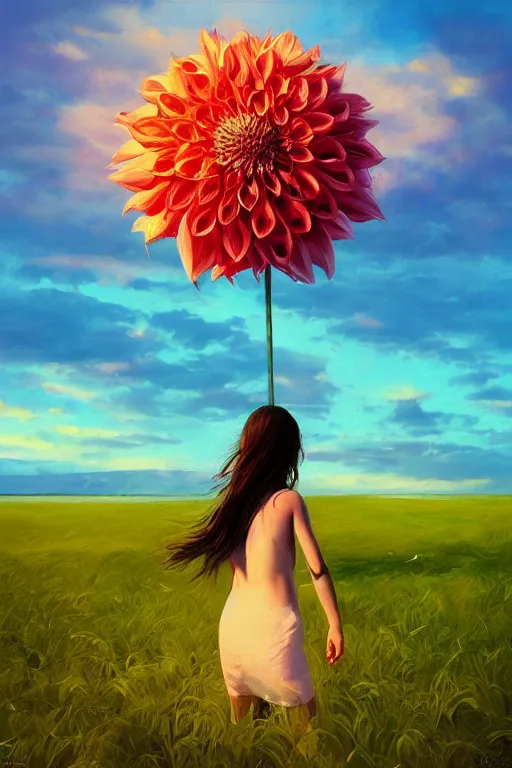 Image similar to closeup girl with huge dahlia flower head, on beach, surreal photography, blue sky, sunrise, dramatic light, impressionist painting, digital painting, artstation, simon stalenhag