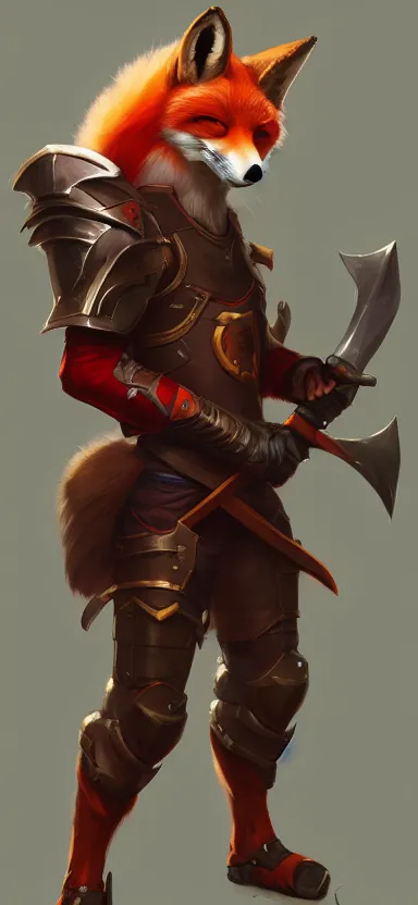 Prompt: a league of legends concept art of an anthropomorphic red fox in a body armor holding a sword, front view, artstation, digital art, oc commission, style by jordan grimmer and greg rutkowski, 4 k resolution