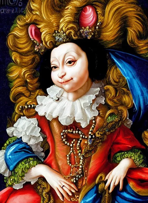 Prompt: baroque rococo painting Royal Fancy monkey Hildebrandt Lisa Frank high detail cute adorable whimsical up close