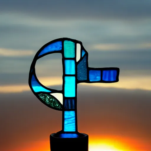 Prompt: a stained glass capital letter a, with light shining through it from behind, floating over the ocean at sunset