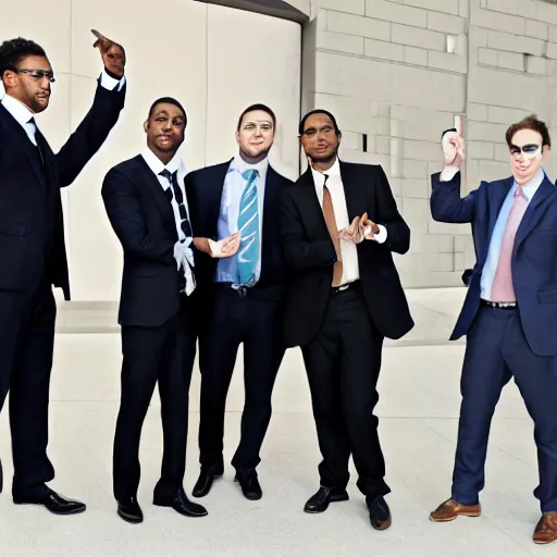 Image similar to businessmen in suits throwing up gang signs at a baby dinosaur