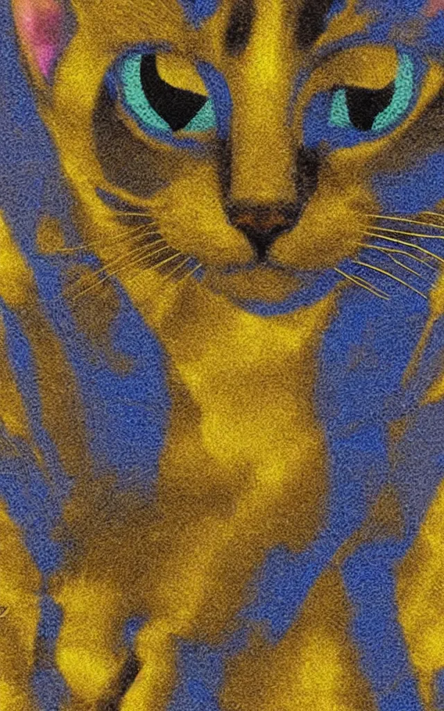 Image similar to Bastet sublime cat goddess Egyptian aesthetic yellow gold eyes blue fur, fine oil portrait of Bast cat goddess, chromatic aberration