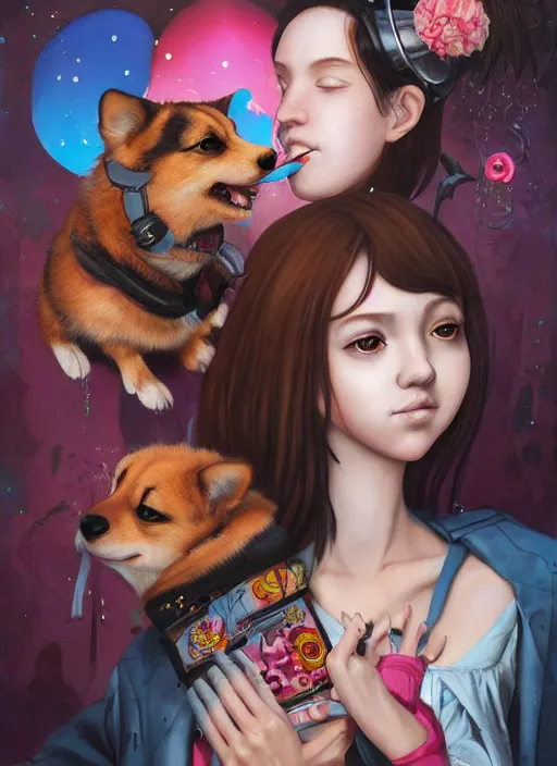 Prompt: beautiful portrait painting of a attractive cute teenage lofi cyberpunk princess and her corgi assassin king being happy, by Afarin Sajedi, Alessandro Barbucci, Alex Gross, Shin Jeongho, Shohei Otomo. trending on Artstation, 8k, masterpiece, face enhance, graffiti paint, fine detail, full of color, intricate detail, golden ratio illustration