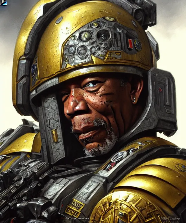 Image similar to morgan freeman as warhammer 4 0 k space marine chaplain, portrait, fantasy, intricate, elegant, highly detailed, digital painting, artstation, concept art, smooth, sharp focus, illustration, art by artgerm and greg rutkowski and alphonse mucha