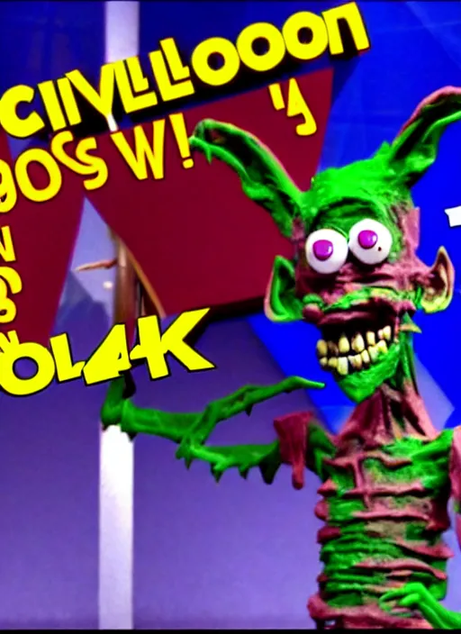 Image similar to creepy scary gangly goblin monster invades the set of a 9 0's childrens tv gameshow, 4 k resolution