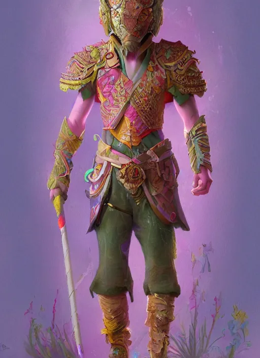 Prompt: detailed full body concept art illustration colorful pastel painting of a Disney warrior prince in full intricate clothing, ultra detailed, digital art, octane render, 4K, dystopian, micro details