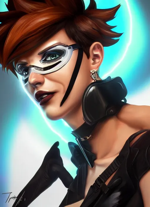 Image similar to portrait bust digital artwork of tracer overwatch, wearing black iridescent rainbow latex, 4 k, expressive happy smug expression, makeup, in style of mark arian, angel wings, wearing detailed black leather collar, chains, black leather harness, detailed face and eyes,