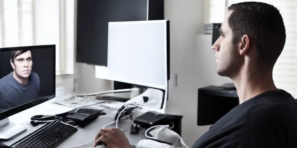Prompt: low angle establishing shot of a clean shaven man wearing a black cotton sitting at a desk in his bedroom and he is looking directly at his computer monitor