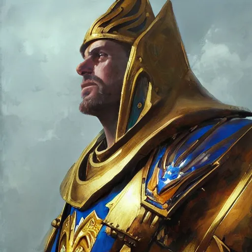 Prompt: greg manchess portrait of the blessed and epic emperor of mankind in a shine of eternal glory warhammer 4 0 k, fantasy, medium shot, asymmetrical, profile picture, organic painting, sunny day, matte painting, bold shapes, hard edges, street art, trending on artstation, by huang guangjian and gil elvgren and sachin teng