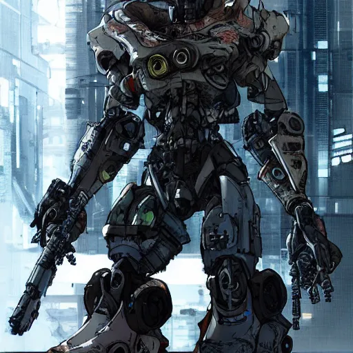 Image similar to a post-apocalyptic cyberpunk grimdark cyborg in the style of leonard boyarsky in the style of Yoji Shinkawa detailed realistic HD 8k High Resolution