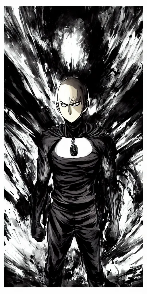 Prompt: concept art of one punch man, full body, dark colors, sinister atmosphere, dramatic lighting, cinematic, establishing shot, extremely high detail, photo realistic, cinematic lighting, pen and ink, intricate line drawings, by Yoshitaka Amano, Ruan Jia, Kentaro Miura, Artgerm, post processed, concept art, artstation, matte painting, style by eddie mendoza, raphael lacoste, alex ross,