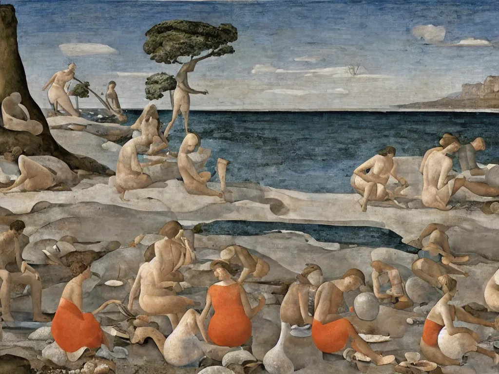 Prompt: Women and men sitting on the sand collecting sea sea shells and corals. Landscape sculpted by Henri Moore. Painting by Piero della Francesca, Morandi, Balthus