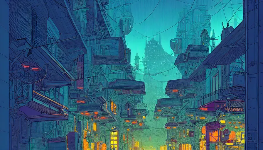 Prompt: an alley of a utopian city at night by moebius and kilian eng, atmospheric, fine details, vivid, neon, masterpiece