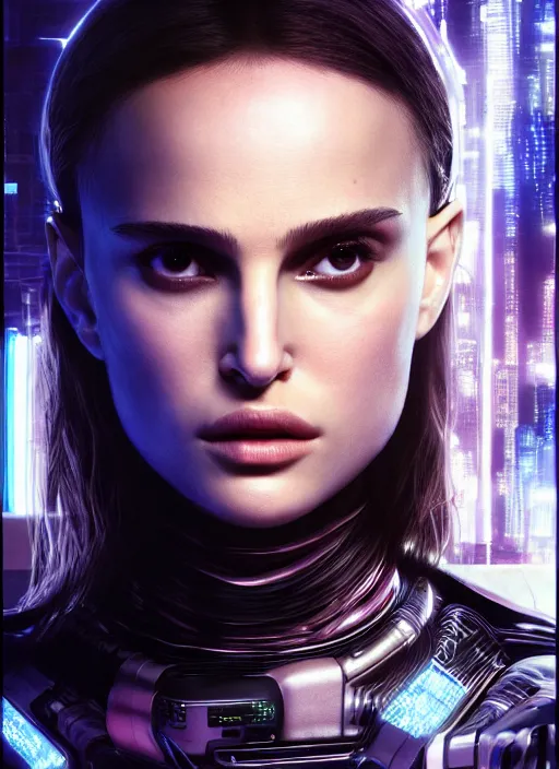 Prompt: cyberpunk portrait of beautiful cyber Natalie Portman, young Natalie Portman, cyberpunk, photorealistic, octane render, beautiful eyes, 35mm, coherent, intricate, 4k, intricate details, concept art, studio lighting, trending or artstation, award winning, hyperrealistic, 8k, hd