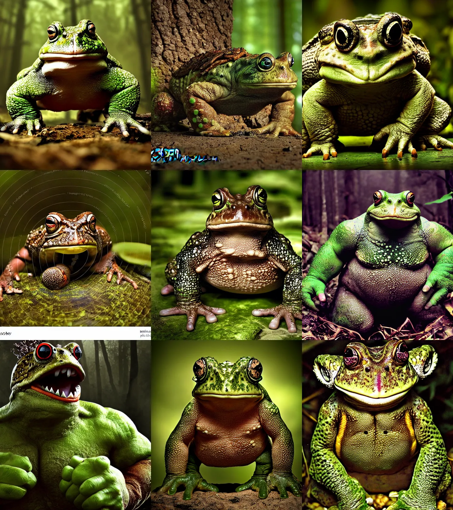 Prompt: photograph by discovery channel!!!! full shot!!! toad animal!!! cyborg! rugged knight hulk toad animal superhero, fog, in deep forest jungle