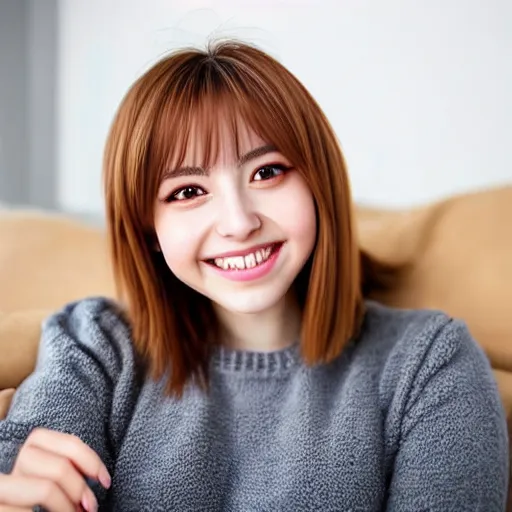 Prompt: beautiful hyperdetailed hyperrealistic photograph of ochako uraraka in real life smiling warmly, flushed face, cute red blush on nose and cheeks, detailed real skin, relaxing on the couch, warm home setting, medium shot, mid - shot, 8 k, sharp focus, portra 4 0 0