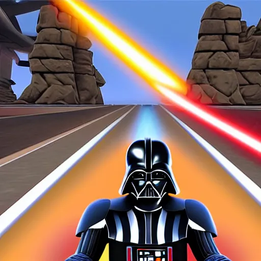 Image similar to still image of darth vader driving in mario kart tour deluxe race, unreal engine