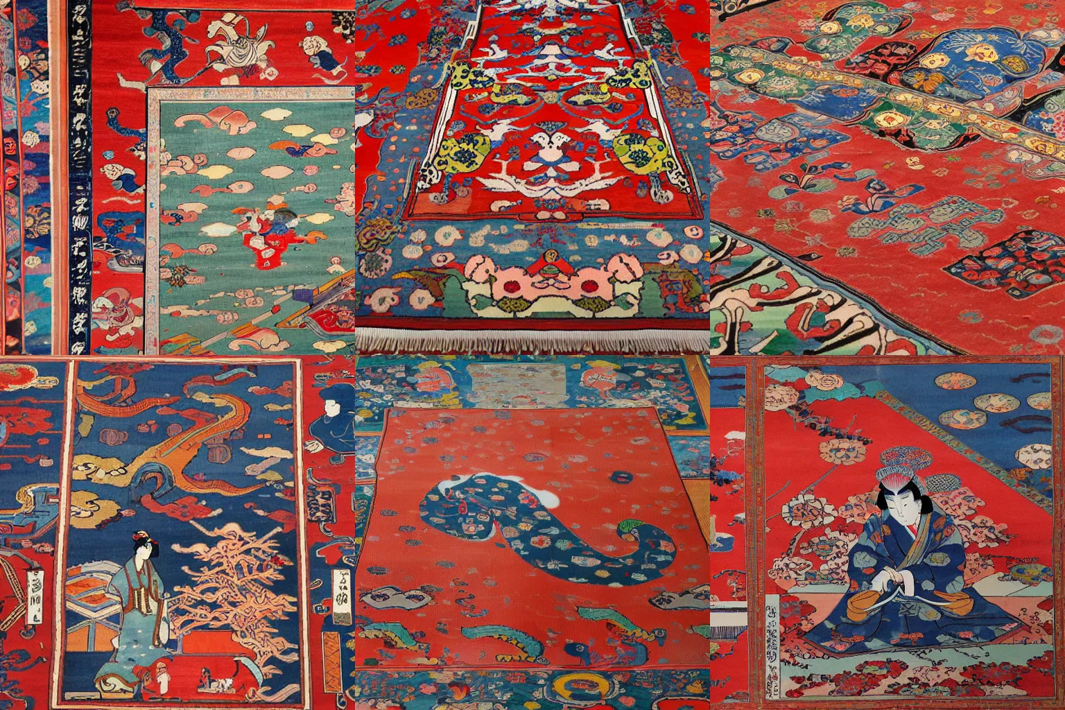 Prompt: The brightly colored Persian carpets depict Japanese ukiyo-e designs.