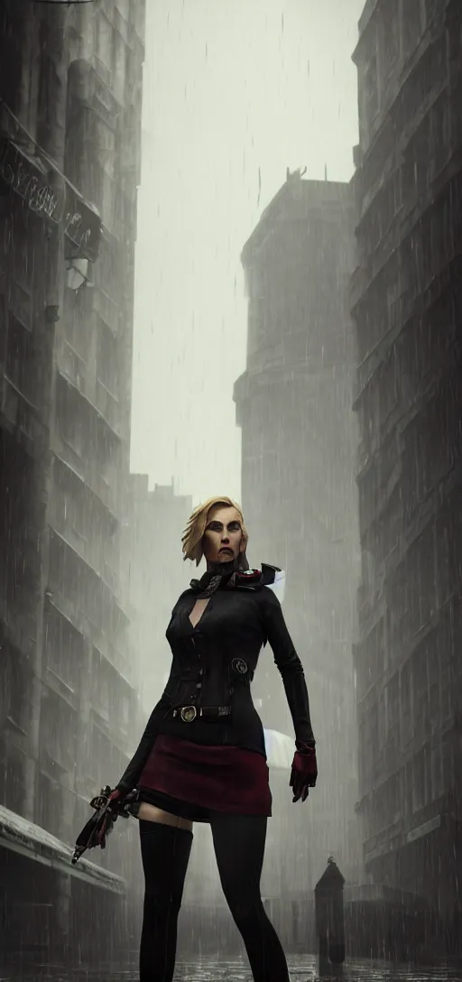 Prompt: portrait shot of beautiful annie leonhart on high heels in dunwall city, redshift render, beautiful face, detailed face, cinematic lighting, rainy weather, melancholy atmosphere, volumetric light, octane render, dishonored 1, gothic architecture, realistic reflections, octane render 8 k