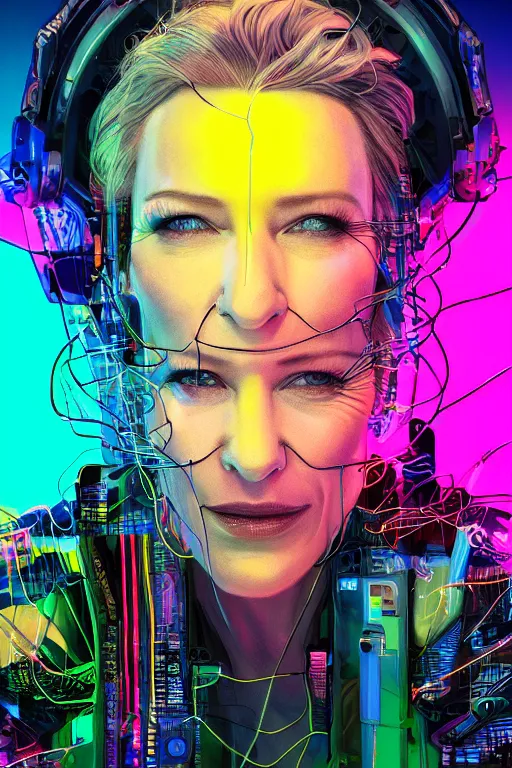 Image similar to cate blanchett with cyber headgear surrounded by wires, neon colors, oil on canvas, strong lighting, by Josan Gonzalez, HD, 4K