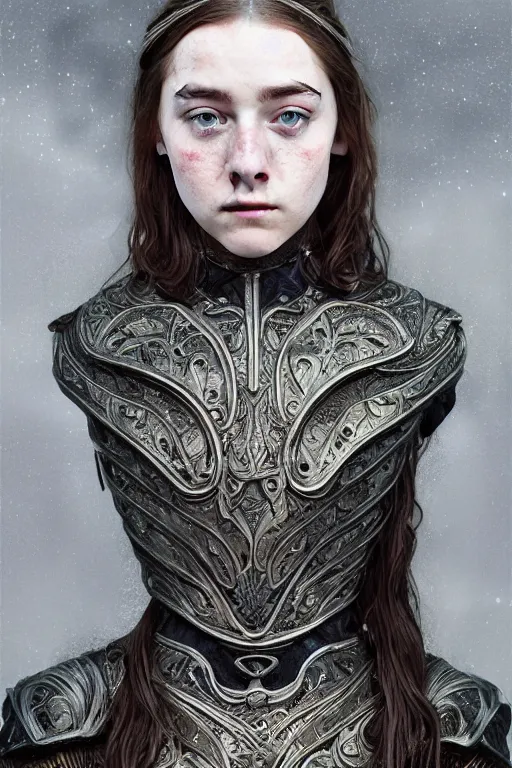 Image similar to a dark head and torso art nouveau portrait of a 16-year old girl who resembles Saoirse Ronan and Anya Taylor Joy with a worried, intense gaze and slightly opened mouth, ornate intricate iridescent battle armor, intricate, elegant, highly detailed, digital painting, artstation, concept art, smooth, sharp focus, illustration, art by John William Waterhouse and Bouguereau and Donato Giancola and alphonse mucha
