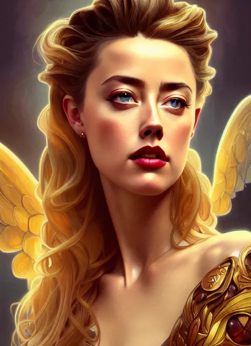 Image similar to portrait of amber heard as an sultry angel, wings, bible, intricate, headshot, highly detailed, digital painting, artstation, concept art, sharp focus, cinematic lighting, illustration, art by artgerm and greg rutkowski, alphonse mucha, cgsociety