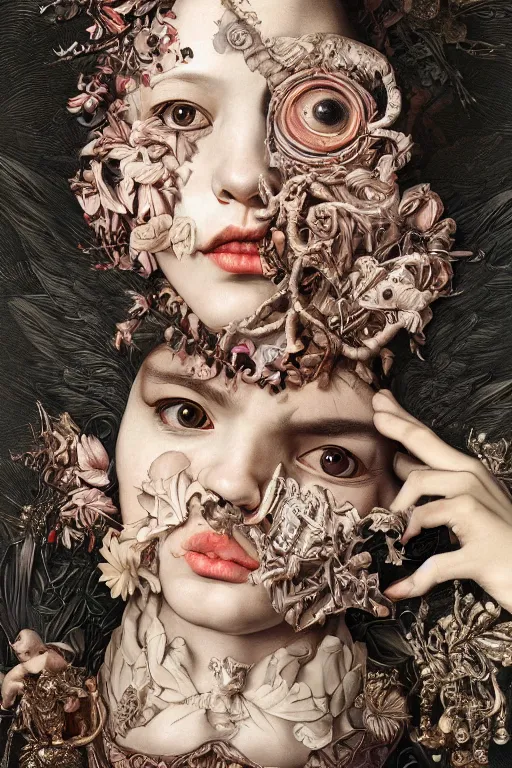 Prompt: Detailed maximalist portrait with large lips and wide white eyes, angry expression, HD 3D collage, highly detailed and intricate illustration in the style of Caravaggio and James Jean, surreal dark art, baroque