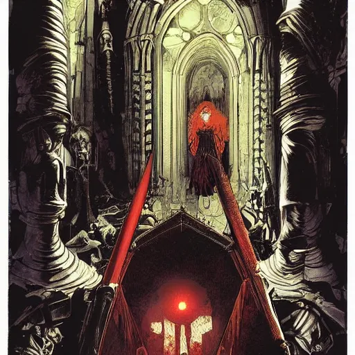 Image similar to doorway to hell in grand gothic cathedral, inner conflict, scarlet hue, tom lovell, painting, influences from mobius, ashley wood. otomo, akira, greg tocchini, mike mignola