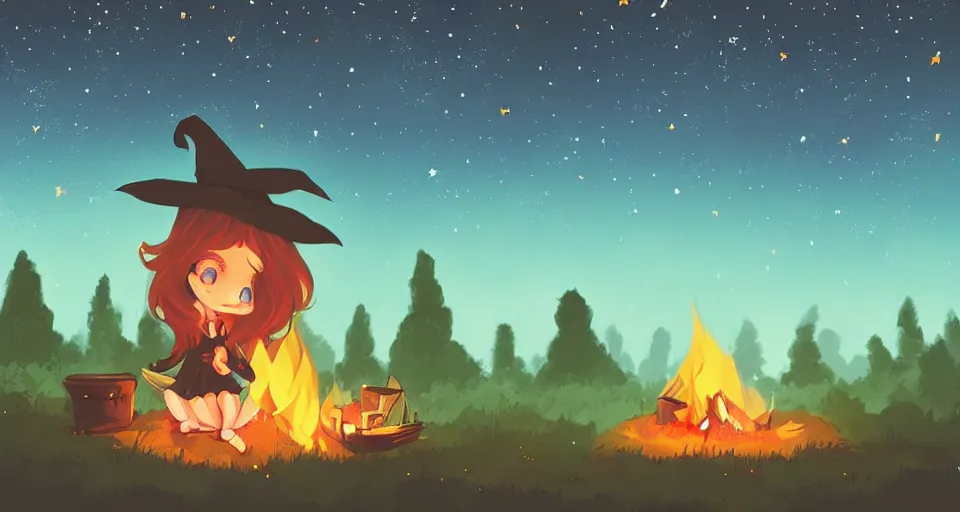 Image similar to Illustration of a small cute witch sitting by cozy bonfire in the forest meadow under starry sky and shooting star, digital pixel art, pixiv by Aenami