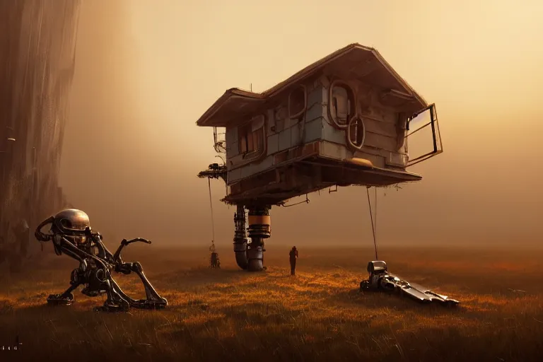 Image similar to a house with two mechanical legs looking like a human, rust, hyperrealistic, highly detailed, cinematic, single ray of sun, fog, beautiful, cgssociety, artstation, 8 k, oil painting