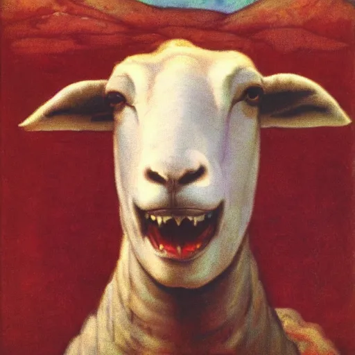 Image similar to A sheep with red whool an pointy vampire teeth by Annie Swynnerton and Nicholas Roerich and jean delville, strong dramatic cinematic lighting, smooth, sharp focus, extremely detailed