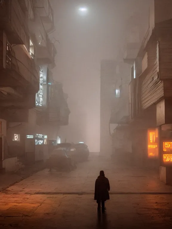 Image similar to bladerunner 2 0 4 9 fillm still of low residential building in russian suburbs, lights are on in the windows, deep night, post - soviet courtyard, cozy atmosphere, light fog, street lamps with orange light, several birches nearby, several elderly people stand at the entrance to the building