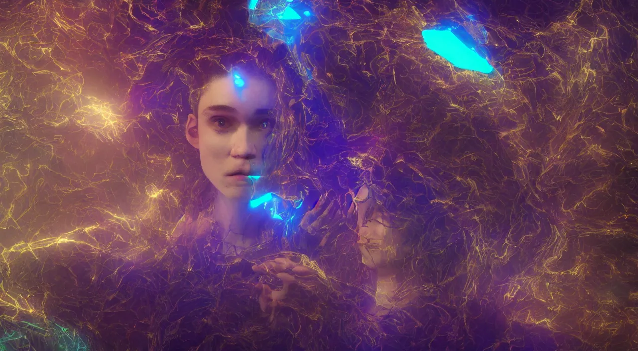 Prompt: cinematic render of Grimes as the mother god of all languages in a large room with holographic codes and golden light rays, trending on artstationHD, 8K