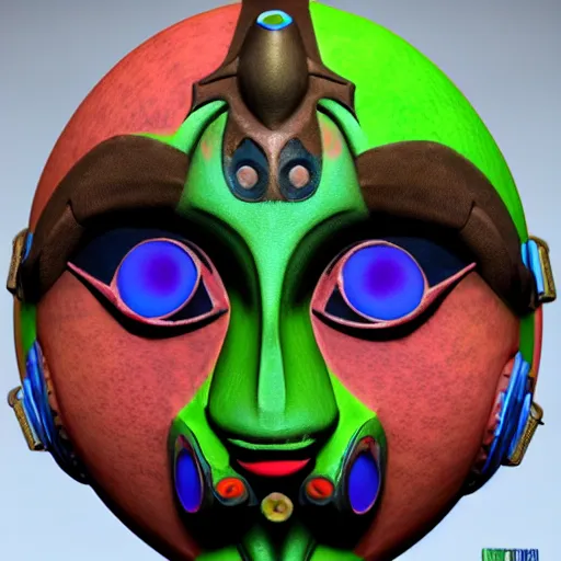 Image similar to majoras mask as a realistic wearable mask. highly detailed image. unreal engine. very colorful.